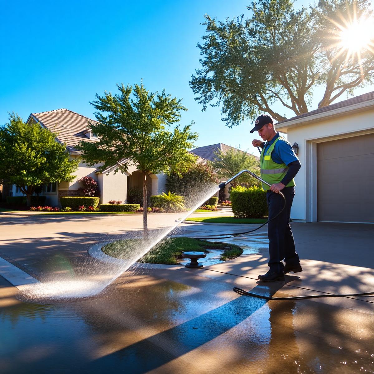 210 Surface Solutions technician pressure washing a San Antonio driveway